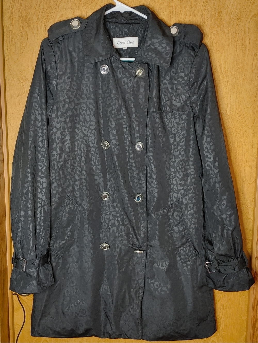 Calvin Klein Black Leopard-Effect Double-Breasted Rain Trench Coat M